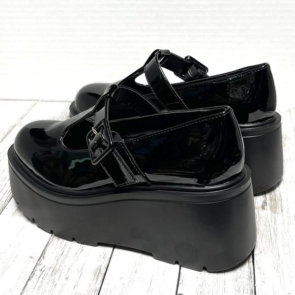 New Black Patent T-Strap Platform Mary Jane Wedge Ballet Flats - Picture 5 of 5